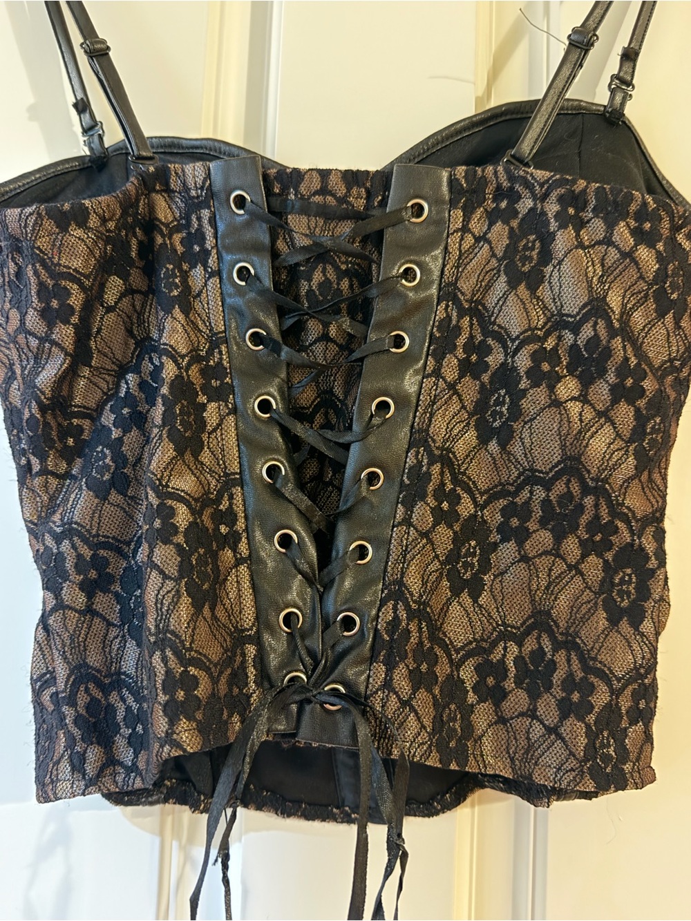Forever 21 Corset Style Black Lace Overlay Top with Brown Underlay